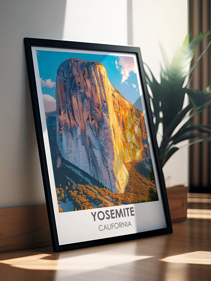 A vintage inspired travel poster of Yosemites El Capitan, illustrating the rugged textures and monumental scale of this granite giant, ideal for adding a touch of timeless natural beauty to your decor.