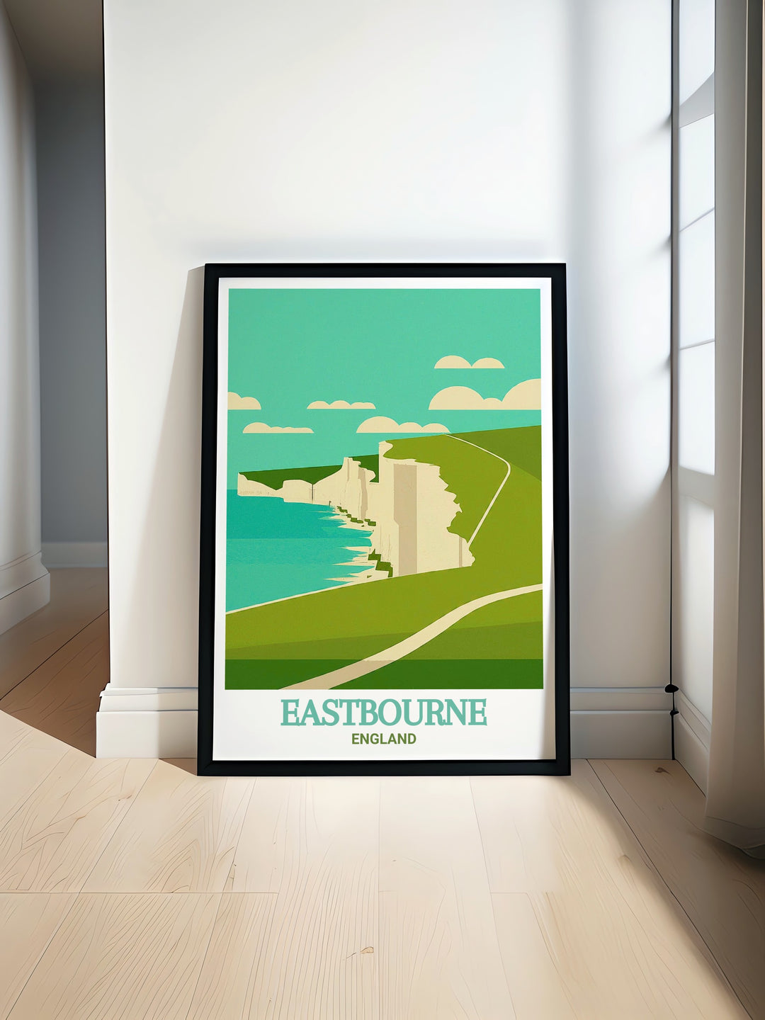 Eastbourne art print featuring the iconic cliffs of Beachy Head, where the South Downs National Park meets the sea. This wall art is perfect for adding a touch of English charm and natural beauty to your home decor.