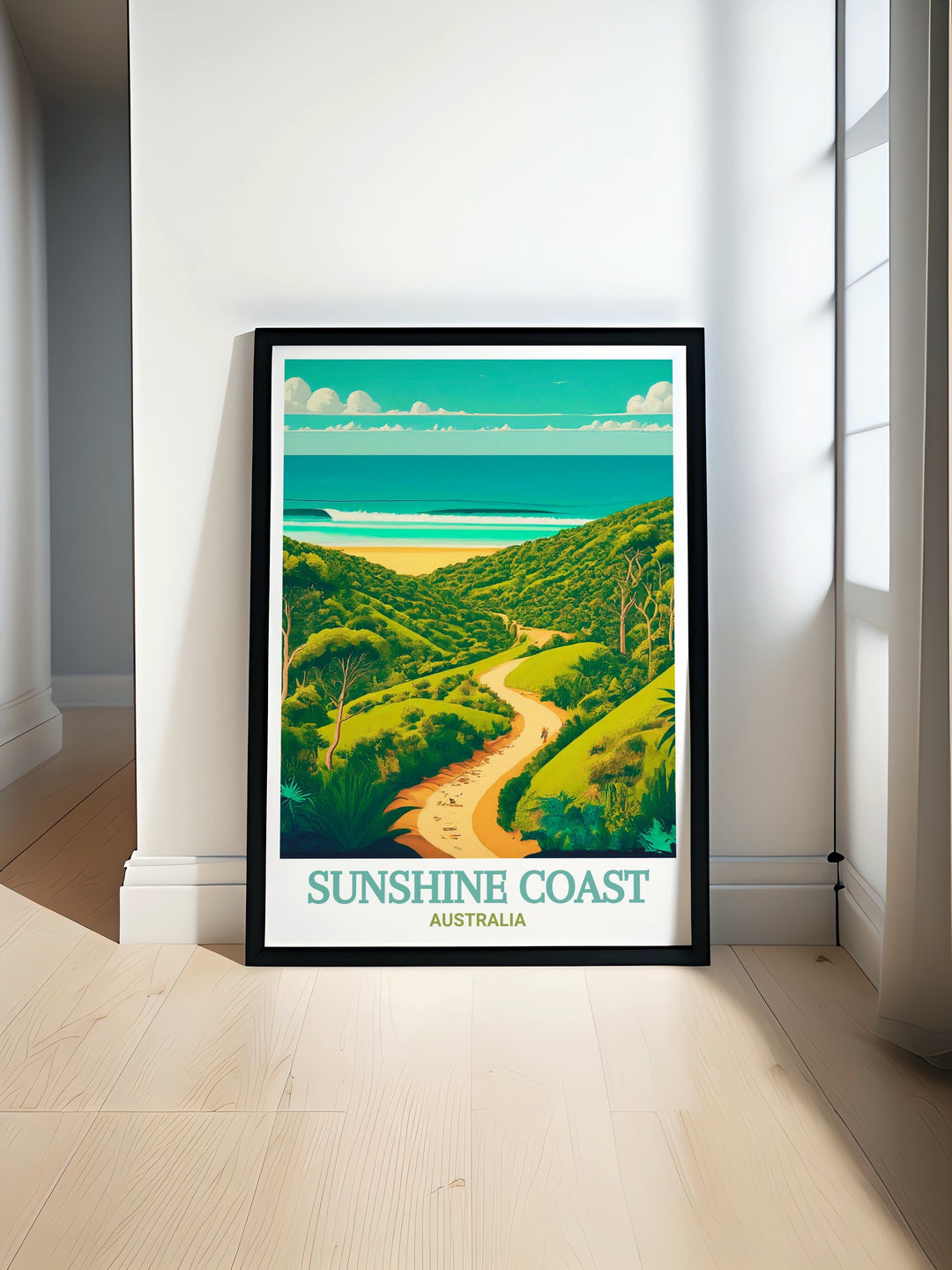 A detailed travel print of Australias Noosa National Park, part of the Sunshine Coast. This artwork highlights the parks stunning landscapes and is ideal for anyone looking to bring a piece of Australias natural beauty into their home décor.