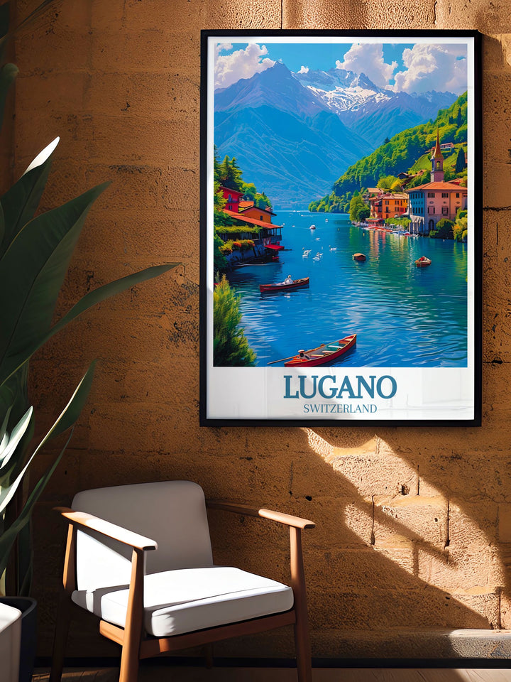 This art print features the picturesque Lake Lugano, capturing its serene waters and surrounding majestic mountains. Ideal for those who love peaceful settings and natural beauty.
