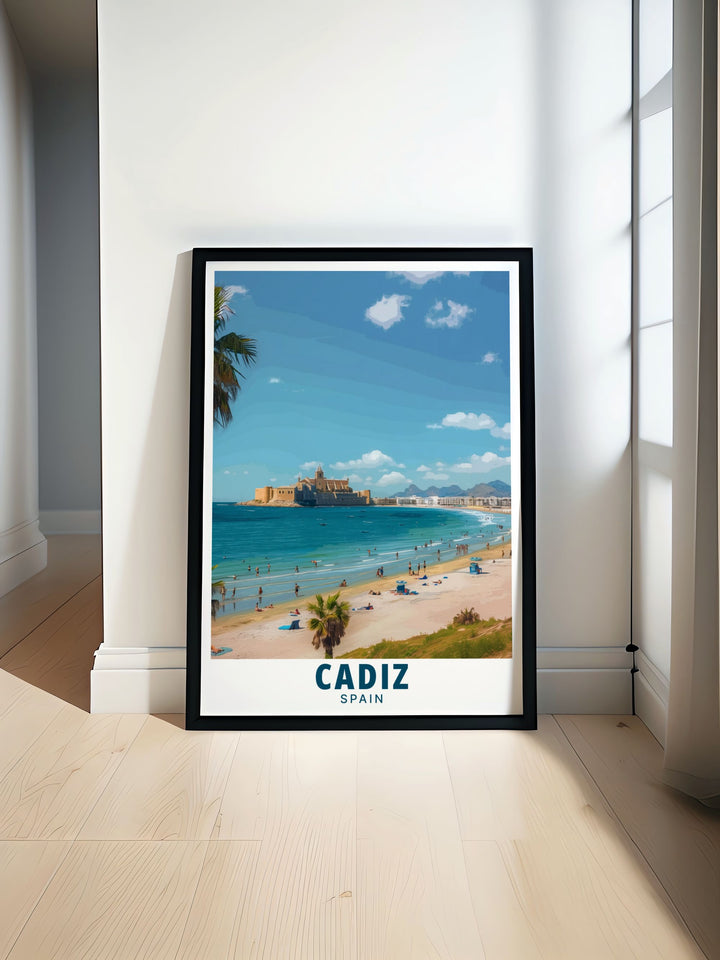 La Caleta Beach modern prints showcase the stunning coastal beauty of Cadiz Spain. Perfect for enhancing any living space these prints bring the serene ambiance of La Caleta Beach into your home making it a beautiful addition to your wall decor and a great travel gift.