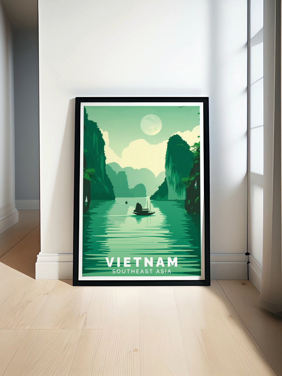 Ha Long Bay Poster Print highlighting the beauty of this UNESCO World Heritage site. The artworks bright colors and intricate details make it a perfect centerpiece for any room, from living spaces to offices, adding a sense of calm and wonder.