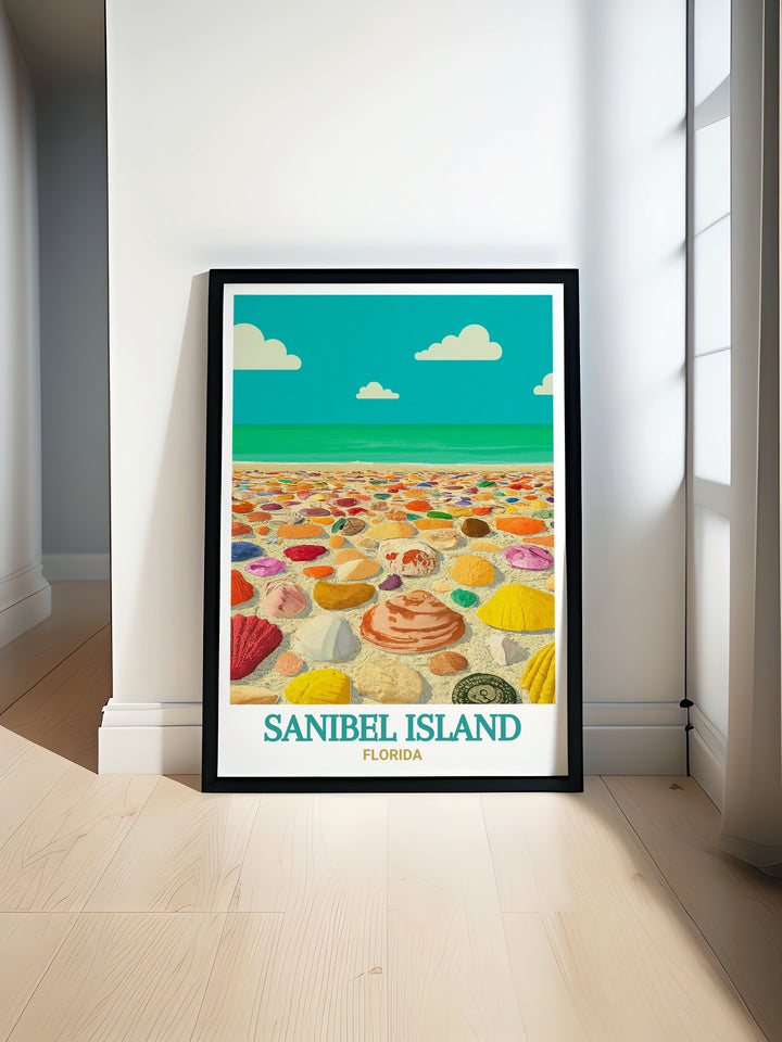 Travel poster highlighting the picturesque scenery of Blind Pass Beach on Sanibel Island, Florida. A stunning addition to any room, ideal for fans of beach decor and Floridas coastal beauty.