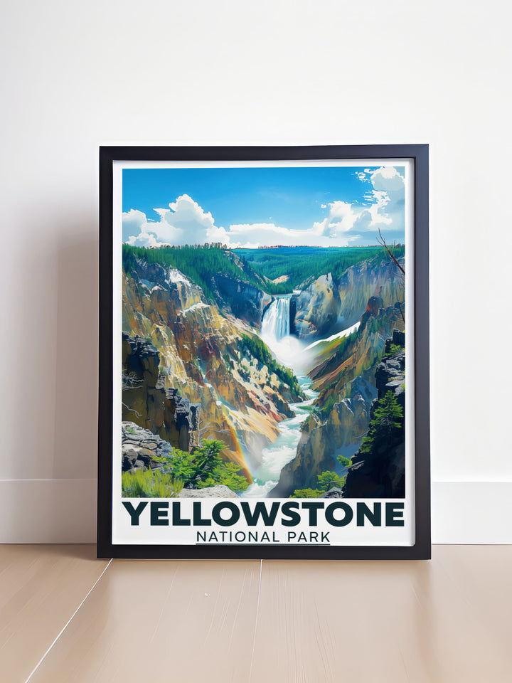 A stunning wall print featuring the iconic Yellowstone Falls, capturing the natural beauty and geothermal wonders of Yellowstone National Park. This artwork is perfect for travel enthusiasts and nature lovers alike.