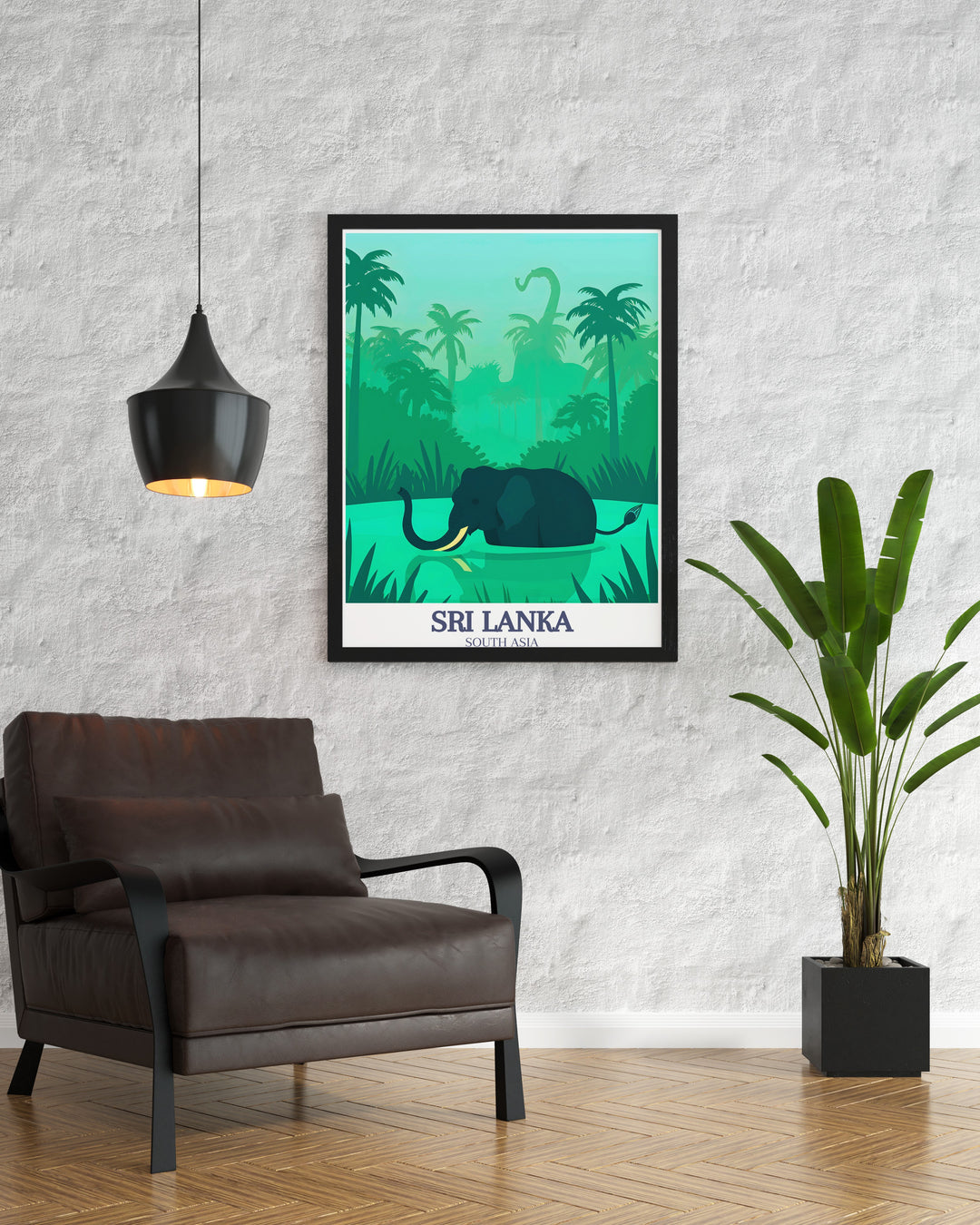 This travel poster of Pinnawala Elephant Orphanage and Pinnawala village in Sri Lanka showcases the areas lush landscapes and rescued elephants. The artwork captures the essence of rural Sri Lanka, making it a great choice for those who want to celebrate the countrys wildlife and natural beauty.