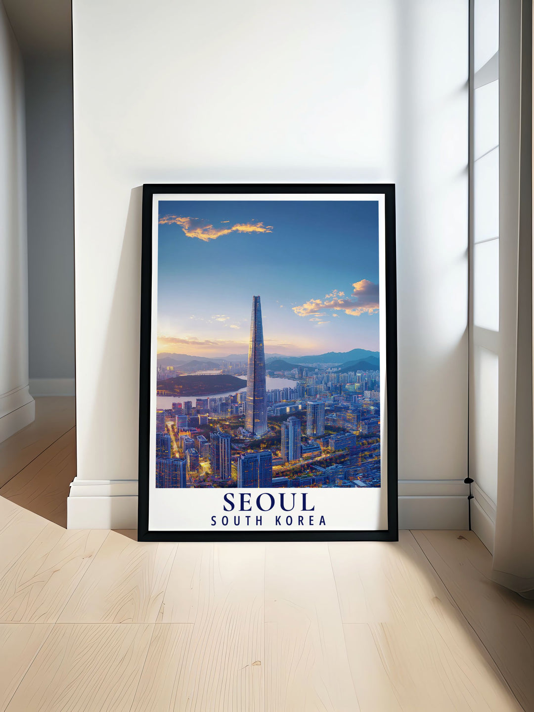 Featuring the vibrant skyline of Seoul, this poster highlights the contrast between historic landmarks and modern skyscrapers, offering a glimpse into the dynamic city life of South Koreas capital.