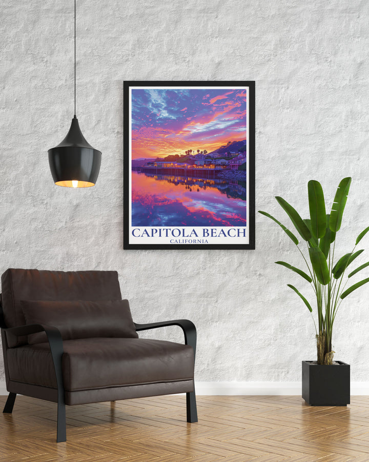 Stunning Sunset over Capitola Wharf Wall Art displaying the serene beauty of Californias coastline ideal for enhancing your home decor with a unique and captivating focal point suitable for modern or vintage styles