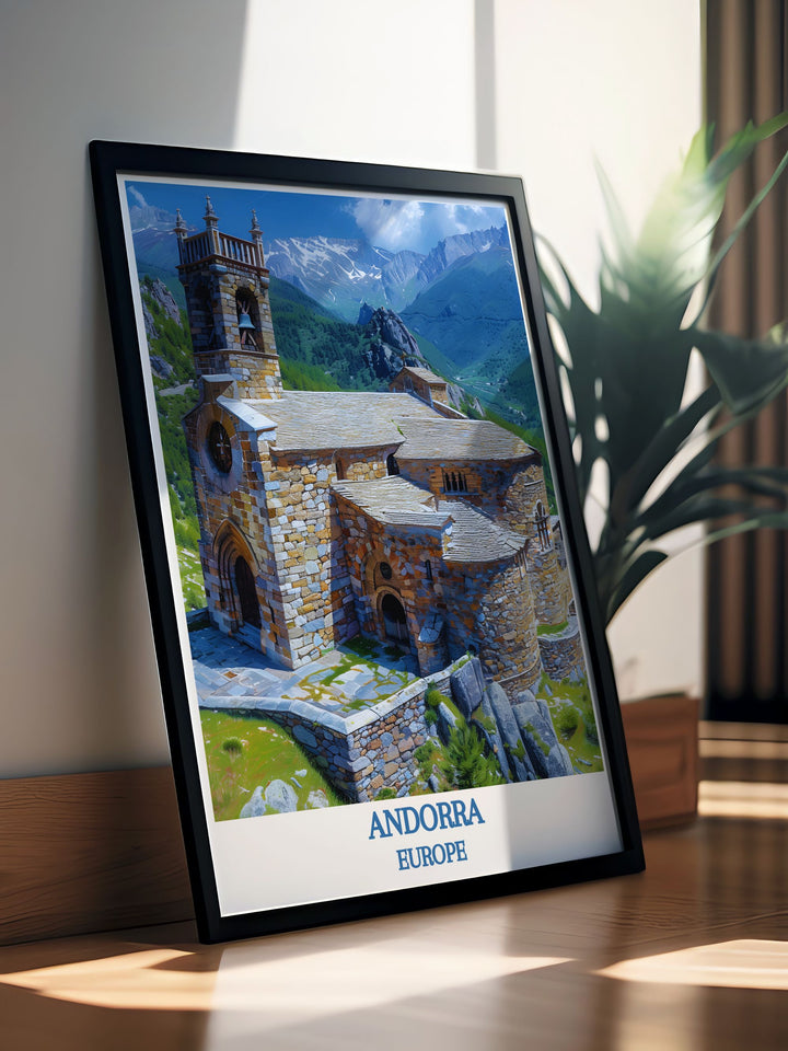 Artistic depiction of Sant Joan de Caselles Church, a perfect blend of Andorran culture and stunning architectural design.