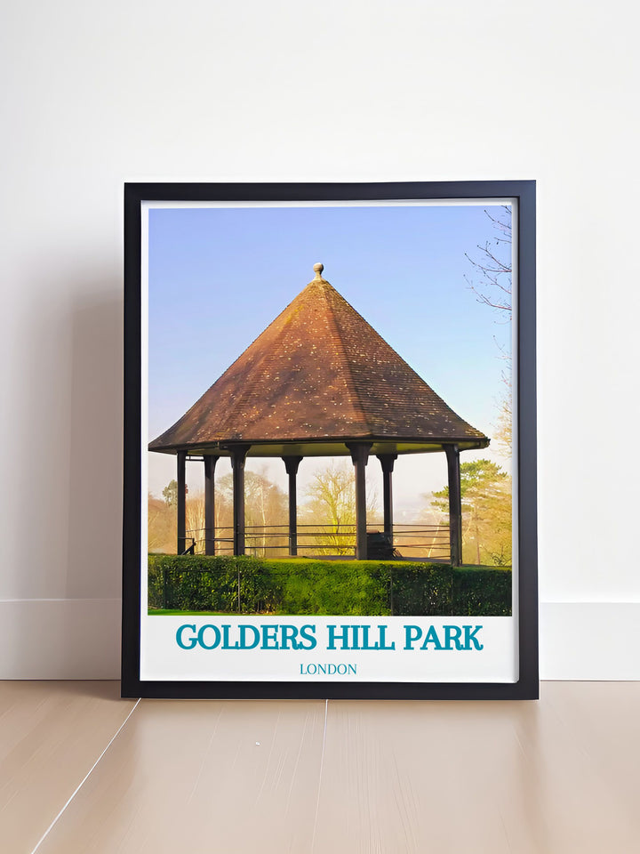 A colorful wall art piece featuring the picturesque scenery of Golders Hill Park with the bandstand at its center, highlighting the parks peaceful ambiance and inviting atmosphere, suitable for any living space.