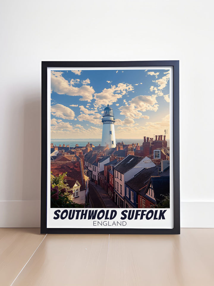 Framed Print of Southwold showcasing the SouthwoldLighthouse along with colorful beach huts and the iconic pier ideal for bringing the serene and vibrant spirit of this charming seaside town into your living space or office