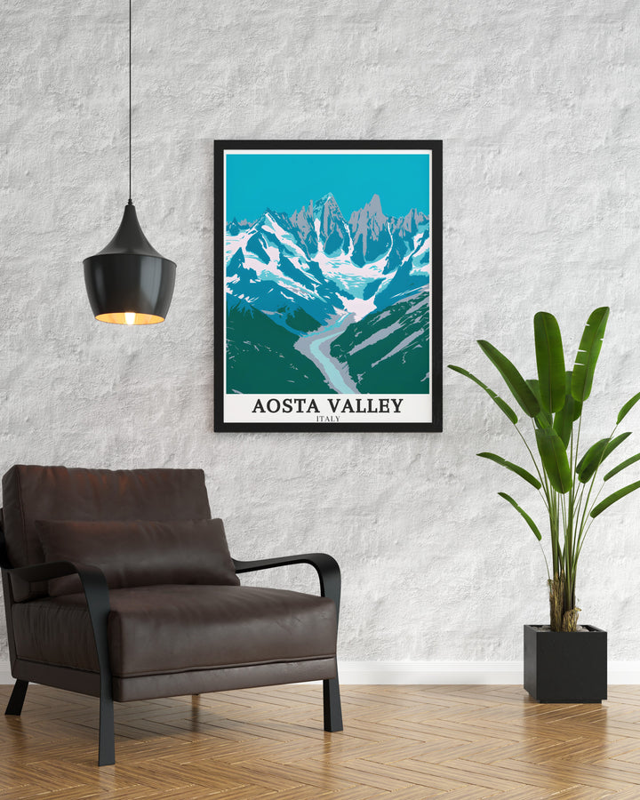 An exquisite framed art print featuring the stunning Aosta Valley, the majestic Mont Blanc, and the iconic Matterhorn. This Italy artwork captures the essence of Italys alpine regions, offering a visual journey through some of Europes most beautiful landscapes. Ideal for adding a touch of elegance to your home decor.