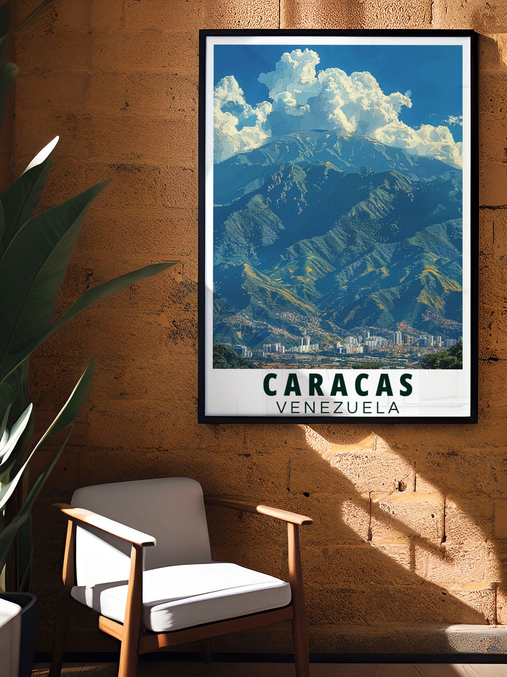 This poster artfully depicts Avila Mountain and its significance to Caracas, offering a perfect blend of scenic landscapes and urban landmarks for your decor.