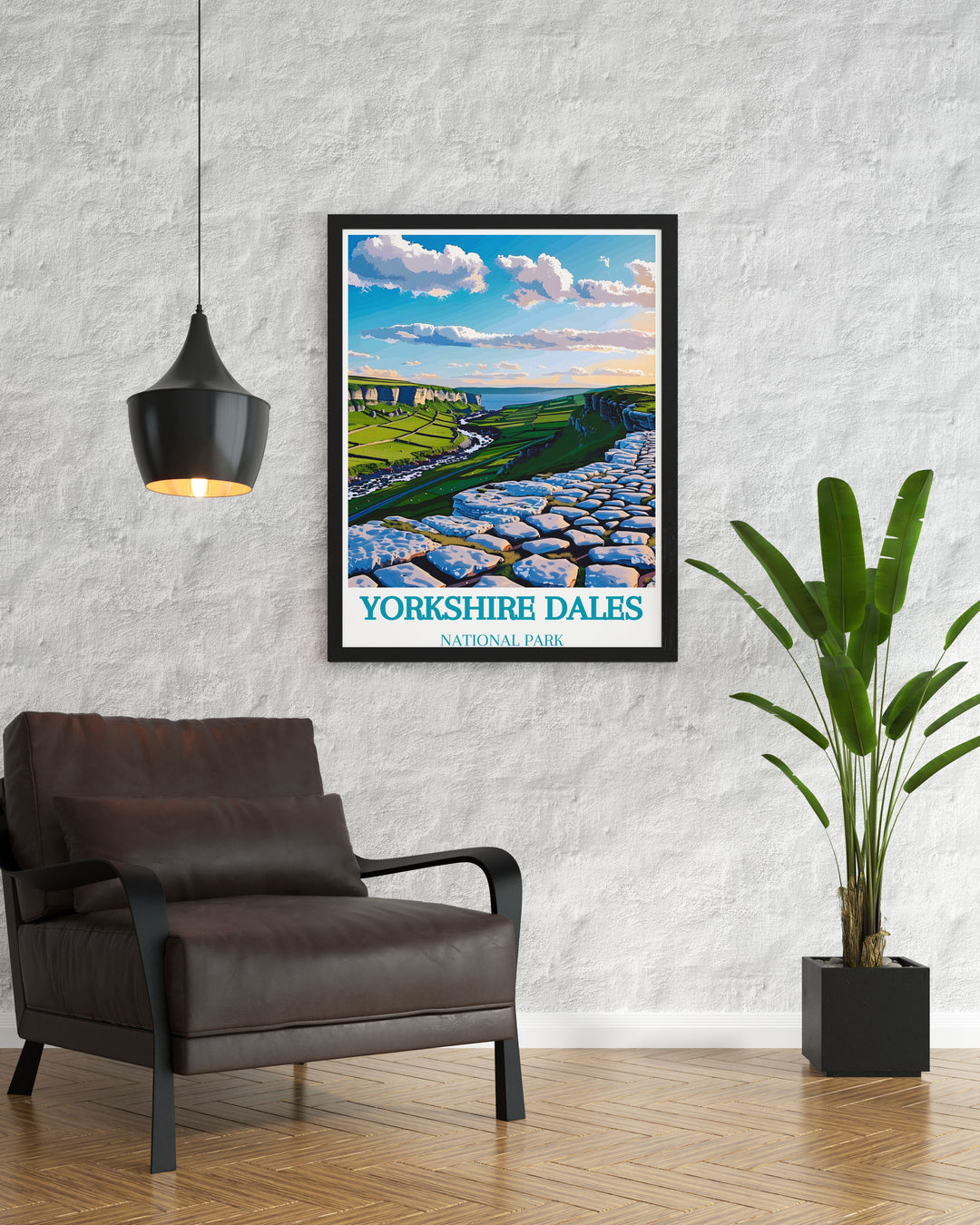 Enhance your home with this stunning Yorkshire Dales travel poster showcasing the majestic Malham Cove along with the historic Ribblehead Viaduct and Flying Scotsman ideal for those who love natural landscapes and the charm of Yorkshires National Parks.