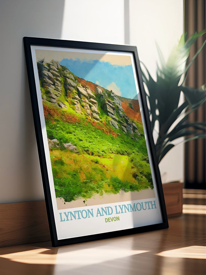 Captivating Valley of Rocks wall decor featuring the dramatic cliffs and serene landscapes of Lynton And Lynmouth. The vibrant colors and intricate details of this print celebrate the natural beauty and charm of the Valley of Rocks, making it a meaningful addition to any living space.