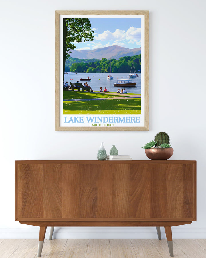 Lake District and Lake Windermere come to life in this beautifully detailed travel print. Perfect for outdoor enthusiasts and nature lovers alike, this wall art captures the natural beauty of Cumbria, offering a stunning addition to any home or office decor.