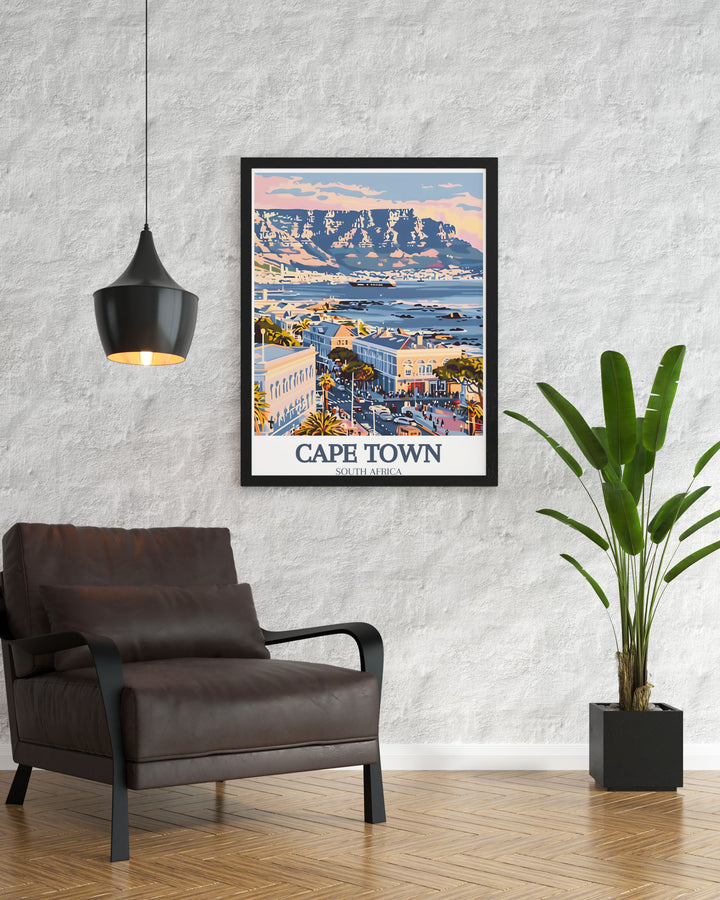 Beautiful South Africa print featuring Table Mountain and the iconic Cape of Good Hope. Perfect for enhancing your home decor with Cape Town art, this poster is a great addition to any room, offering a piece of South African scenery.