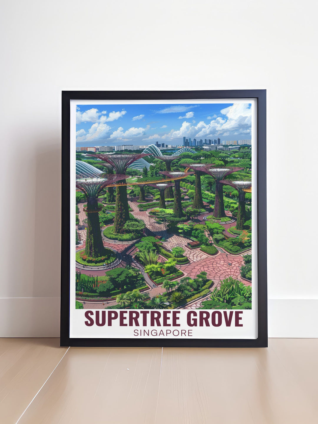 Aerial view of Singapores Supertree Grove displayed in a beautiful travel poster. This captivating print is ideal for those who appreciate architectural wonders and want to enhance their home decor with unique art.