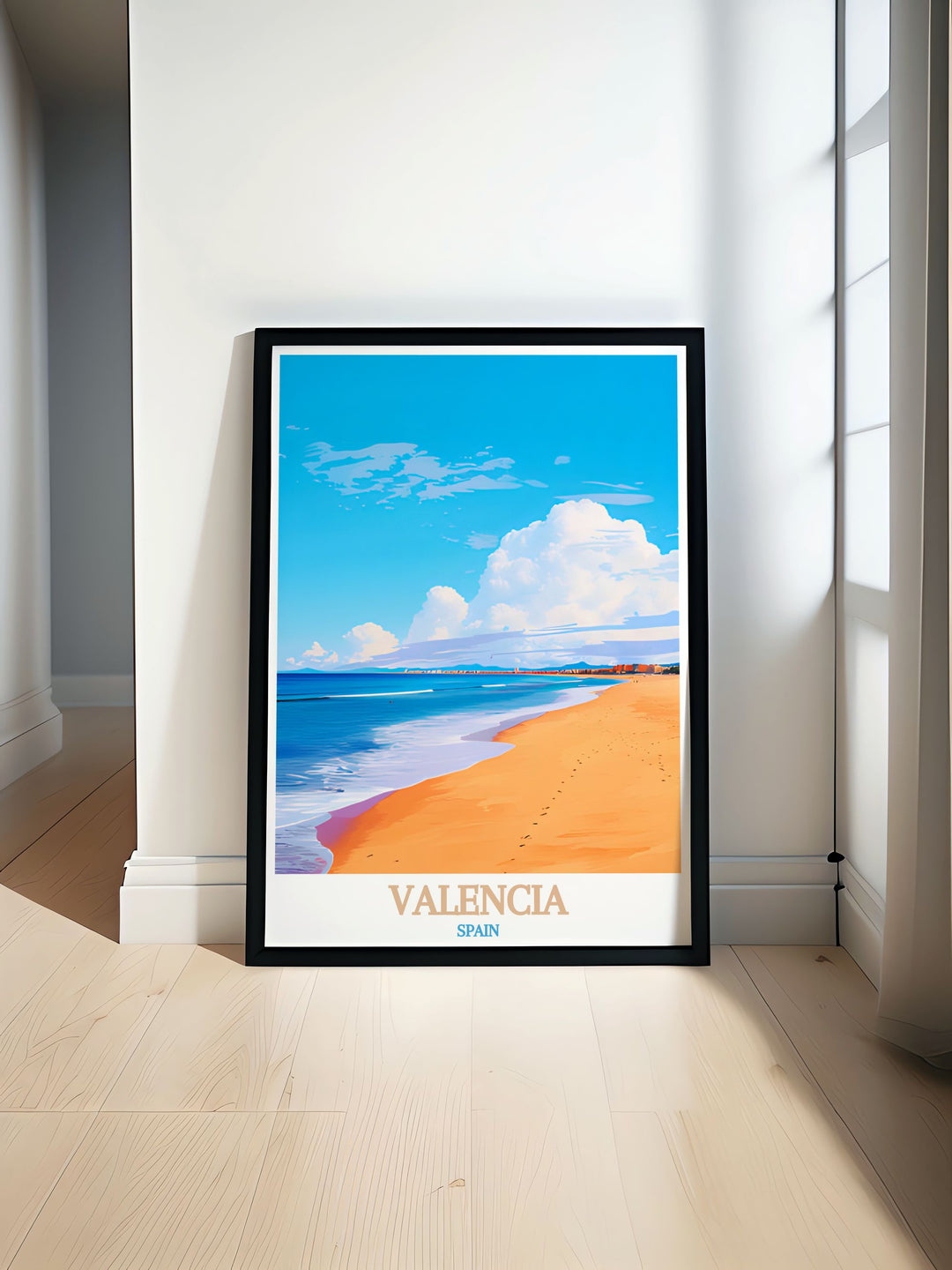 Valencia print featuring Malvarrosa Beach adds vibrant hues and intricate details to your home decor perfect for modern living rooms offices or any space needing a touch of elegance and sophistication