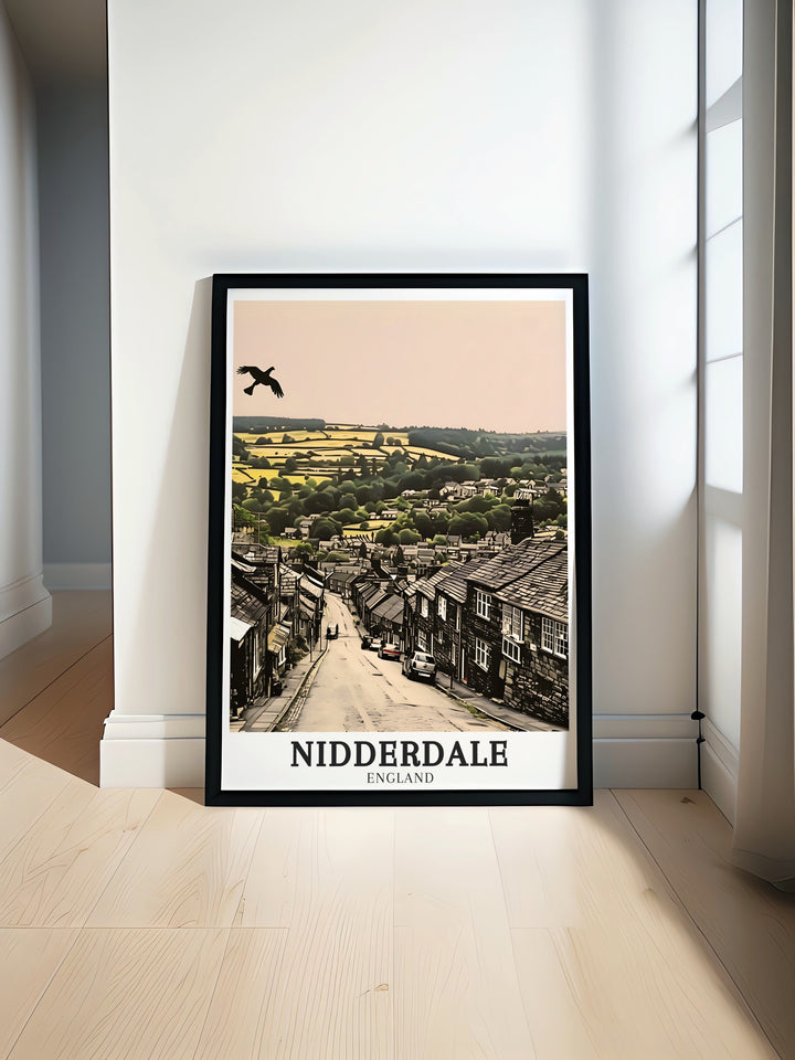 Pateley Bridge travel print captures the historic charm of this quaint town nestled in the Nidderdale AONB. A perfect addition to any British countryside art collection, this poster reflects the peaceful beauty of the Yorkshire Dales.