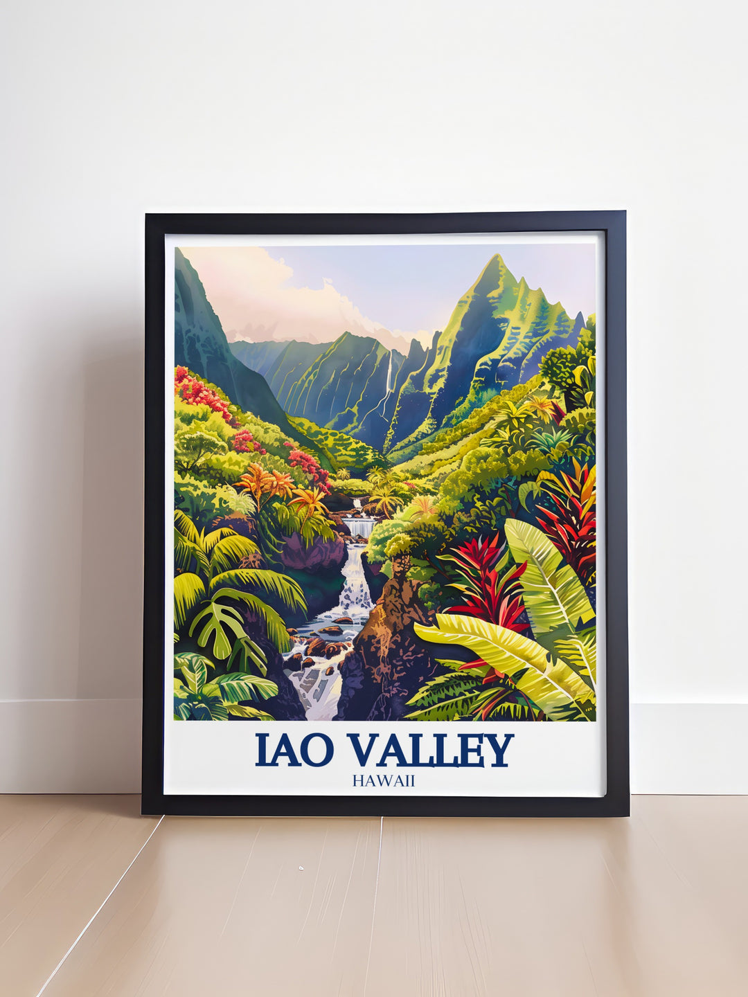 Experience the beauty of Iao Valley with this stunning poster print, featuring the Iao Needle and the calm Iao Stream. This travel print brings the magic of Mauis landscapes into your home, making it a perfect addition for anyone looking to add a touch of Hawaii to their space.