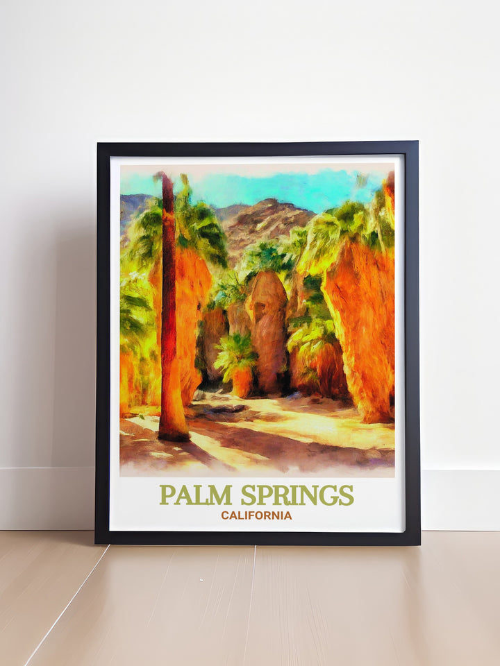 Scenic poster of Palm Springs featuring the Yellow Hotel and Indian Canyons, showcasing the picturesque views and lively atmosphere. This artwork is perfect for adding a touch of Palm Springs charm to your home decor, making it a great choice for anyone who appreciates fine art and travel.