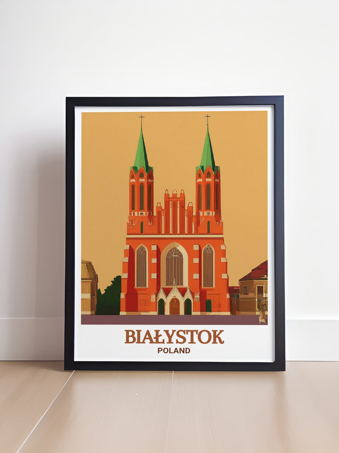 Białystok Wall Poster showcasing the Archikatedra brings the neo gothic charm of Polands historic city to your home. This print offers a vivid and detailed representation of one of Polands most famous churches, making it a perfect gift or decor piece.