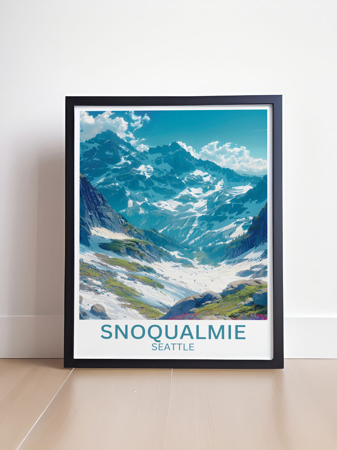 Discover the picturesque landscape of The Summit at Snoqualmie with this exquisite travel poster, illustrating the pristine snow and dramatic peaks.