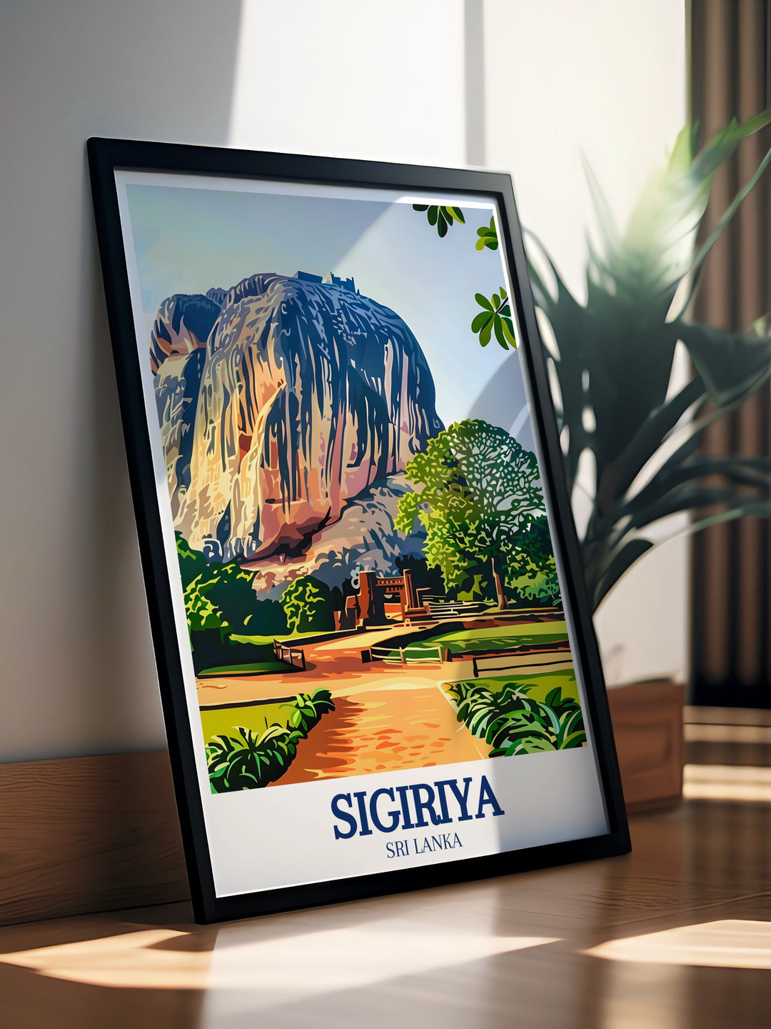 Travel print of Sigiriya and Lions Rock, focusing on the fortresss architectural brilliance and the lush environment of the Matale District. This artwork is a perfect way to bring the history and culture of Sri Lanka into your living space with style and elegance.