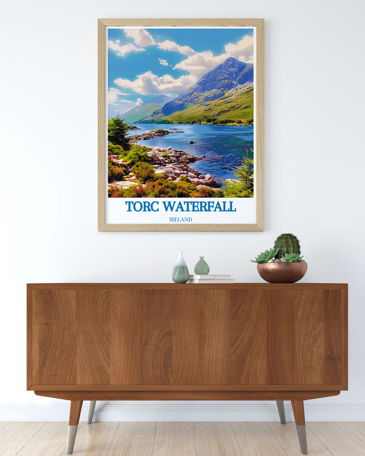 Reveal the stunning vistas and serene beauty of Torc Waterfall with this vibrant travel poster, ideal for adding a touch of Ireland to your decor.