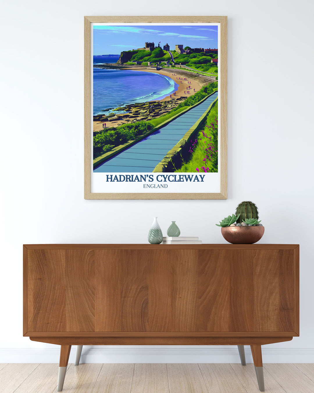 A picturesque view of Tynemouth Priory and Castle, this art print captures the essence of Englands historic route, making it a standout piece for home decor.