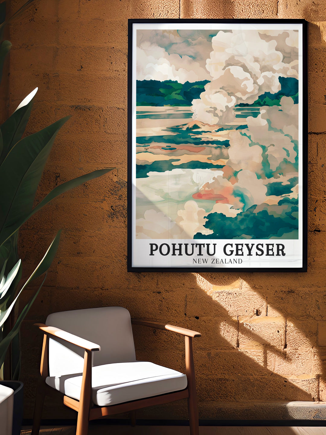 This travel print of Pohutu Geyser, Wairakei Geothermal Area, and Kuirau Park captures the stunning geothermal activity of Rotorua, New Zealand. A perfect addition to your decor, this artwork showcases the natural beauty of New Zealands geothermal wonders, ideal for travel enthusiasts and nature lovers.