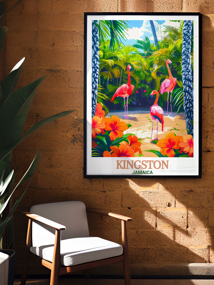 Kingston print and Hope Gardens stunning living room decor provide a balanced combination of bold Caribbean energy and peaceful natural landscapes perfect for creating a unique tropical vibe in your home or office