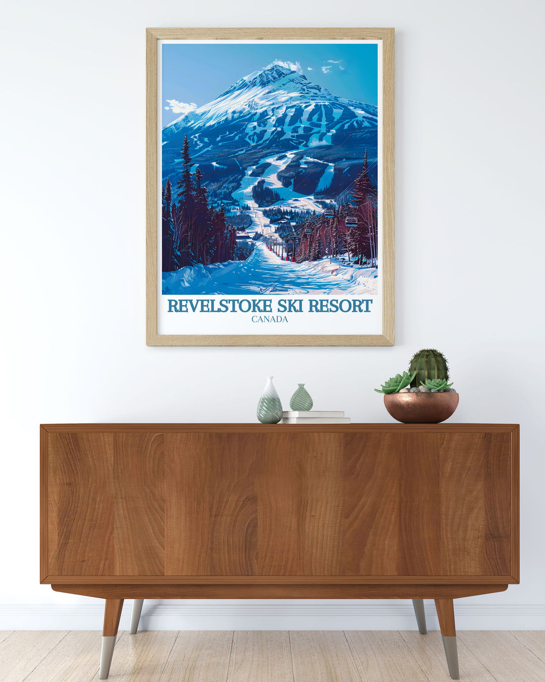Canada Travel Poster featuring the majestic Mount Mackenzie and the Revelation Gondola cable car. This Ski Resort Print is ideal for adding a touch of adventure and elegance to any room, perfect for ski lovers and nature enthusiasts.