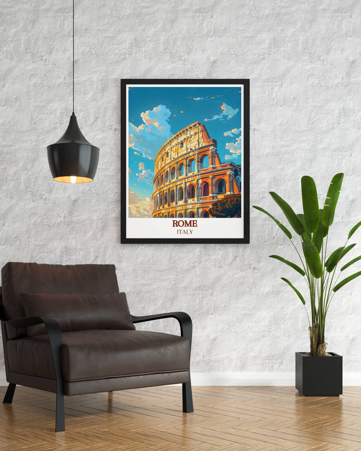 Stunning Italy Illustration of The Colosseum in Rome. This captivating print offers a sophisticated touch to any room and is a perfect choice for a travel gift or elegant home decor.