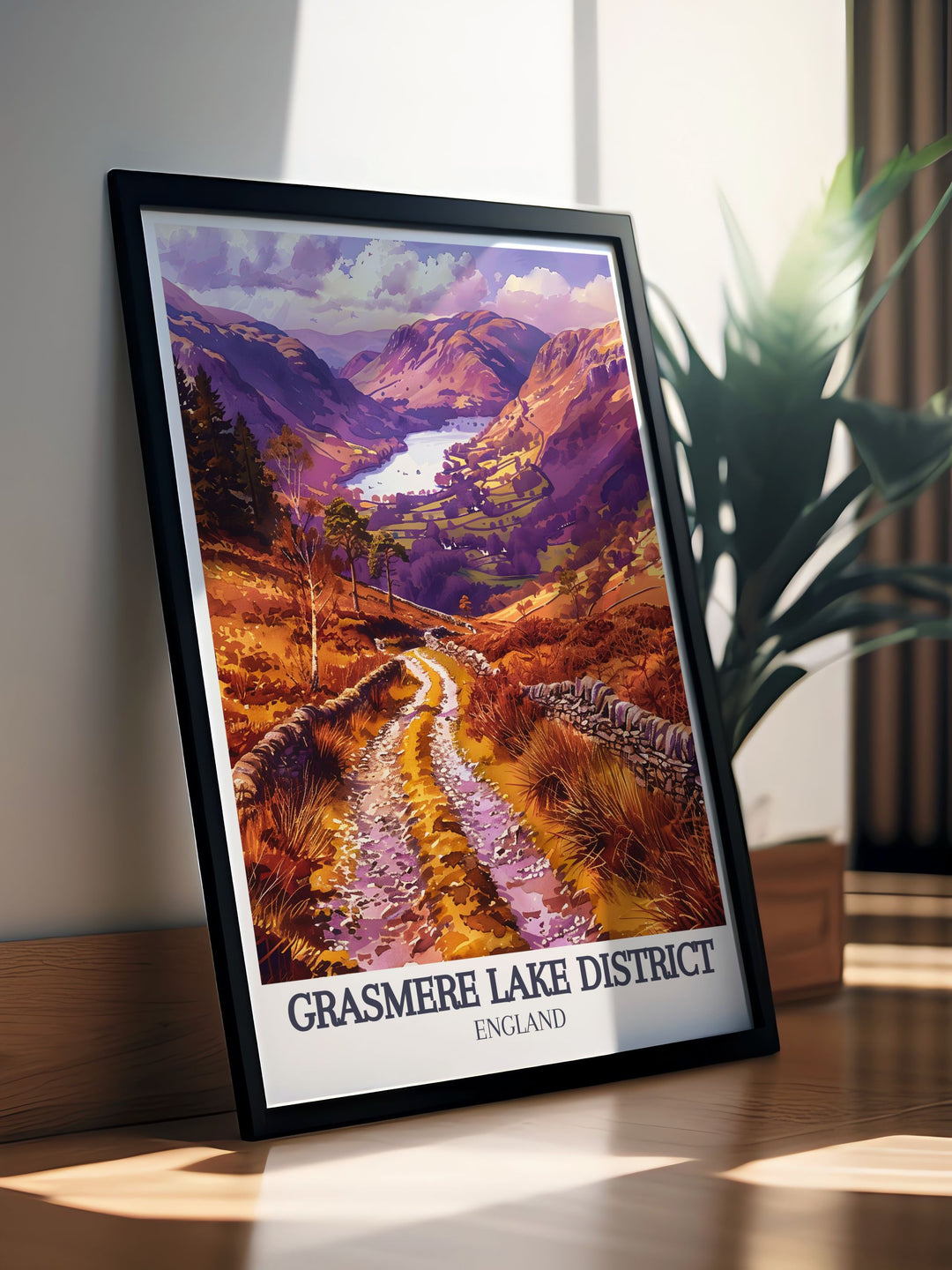 This travel poster of Grasmere in the Lake District, England, features the tranquil lake and the historical Coffin Route, creating a vibrant and detailed artwork that celebrates the regions unique landscape and rich history.