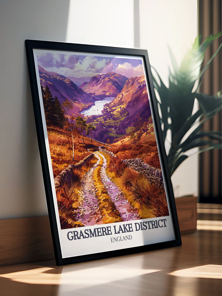 Capture the essence of the Lake District with this Grasmere travel poster. Featuring the peaceful Grasmere Lake and the iconic Helm Crag, this art print brings the tranquility of Englands countryside to your wall decor.