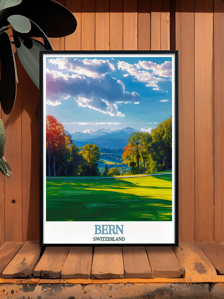 This detailed art print of Bern highlights its world famous clock tower and historic old town, set against the stunning backdrop of the Swiss Alps, ideal for those who love European travel art.