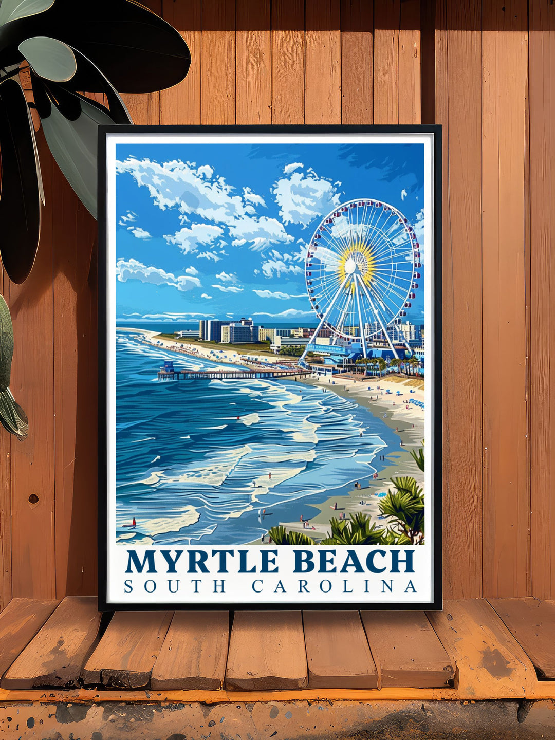 Fine line Myrtle Beach Print in black and white offering a unique perspective of the SkyWheel city and enhancing your homes aesthetic