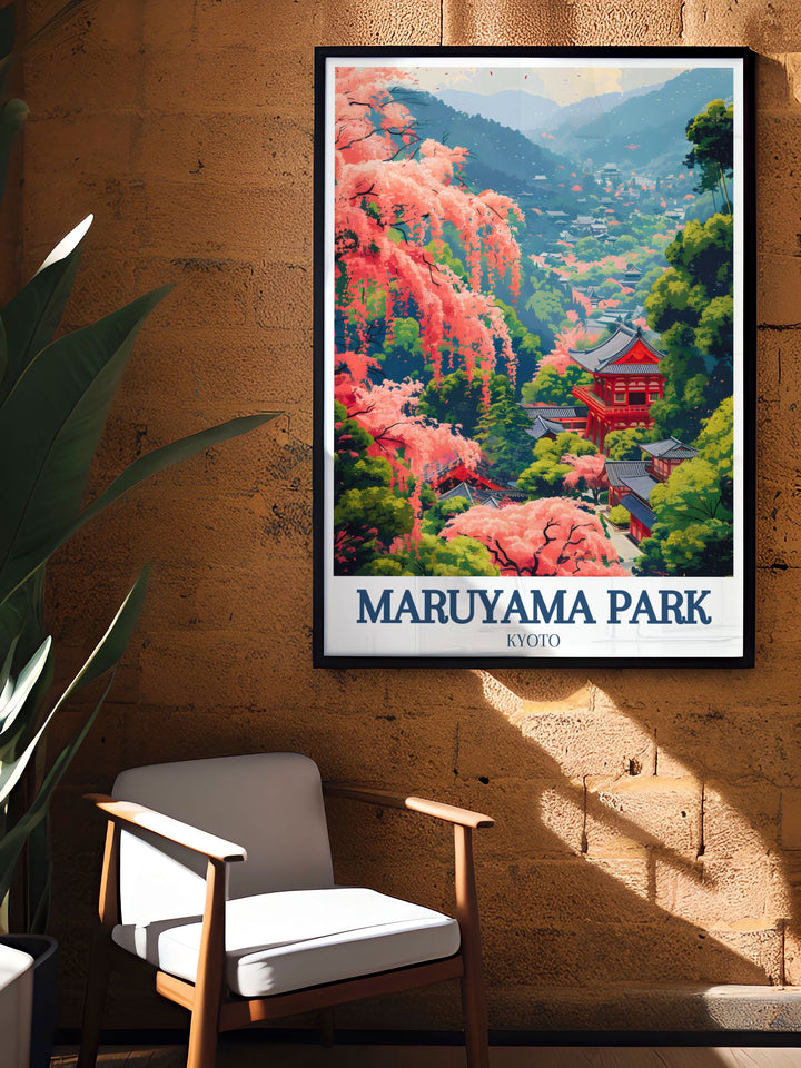 Vibrant cherry blossom print of Kyoto Yasaka Shrine Shidare Zakura a stunning travel poster that brings the serene beauty of Japanese gardens to your home decor an ideal gift idea for fans of Japanese culture