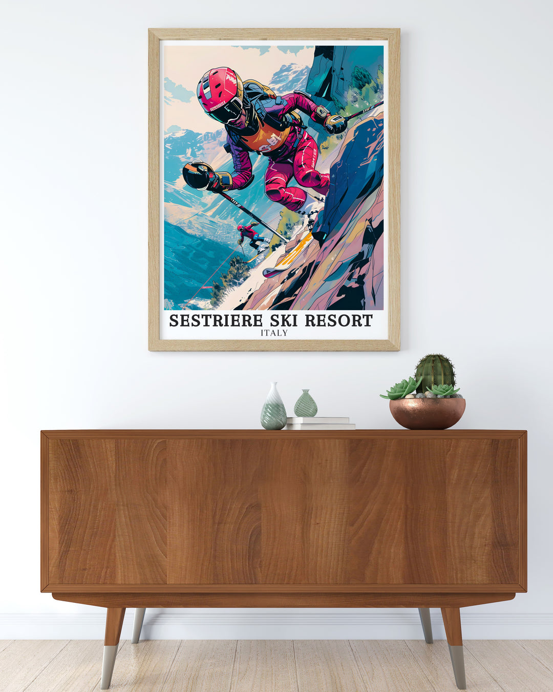 Sestriere Vialattea Ski Area art print featuring the stunning slopes and charming village of Sestriere Borgata. This poster is ideal for those who love skiing, snowboarding, and the beauty of the Italian Alps.