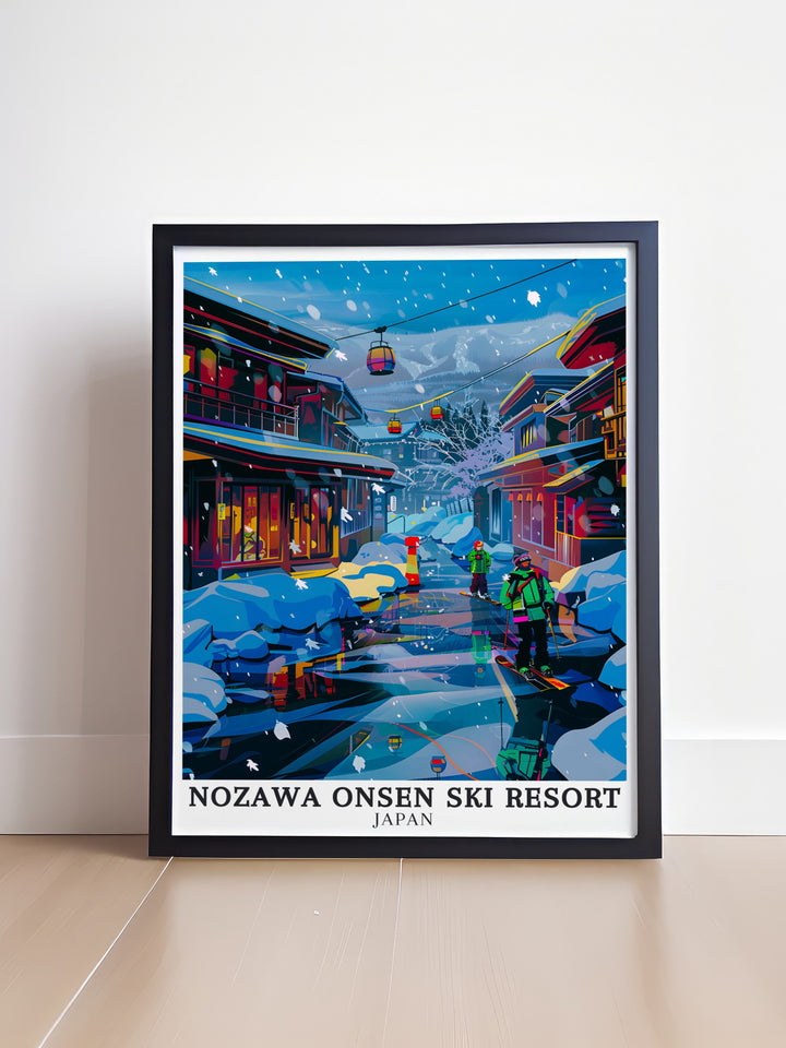 Nozawa Onsen Apres ski Canvas Art features the vibrant and social side of the village, showcasing the lively bars and restaurants where skiers unwind after a day on the slopes. This artwork is perfect for those who appreciate the full cultural experience of skiing in Japan.