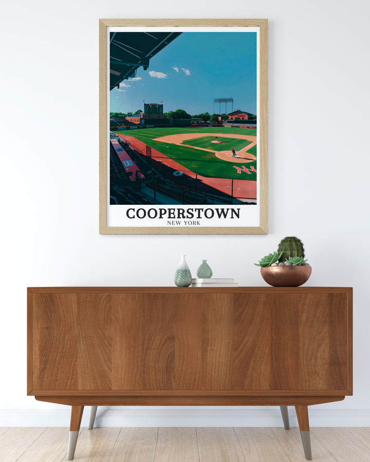 This framed art print of Cooperstown captures the essence of baseballs birthplace. From Doubleday Field to the National Baseball Hall of Fame, this travel poster highlights the key sites in New Yorks Cooperstown.