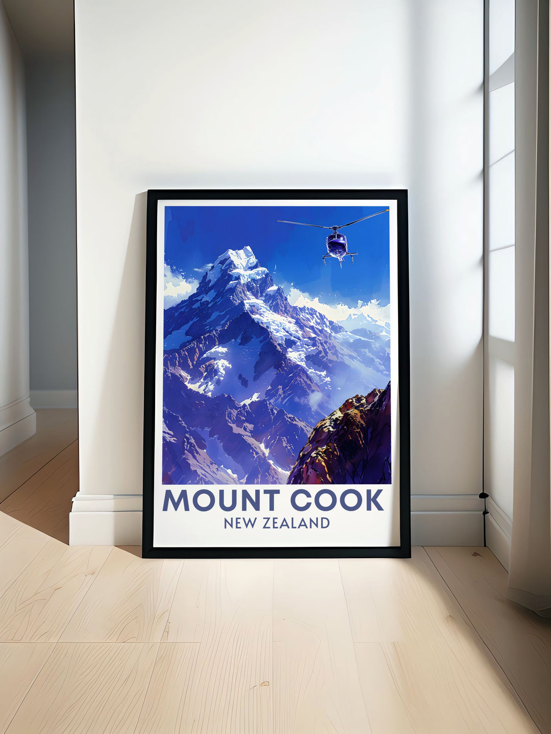 Mt Cook travel poster showcasing New Zealands highest peak Aoraki Mount Cook with stunning details perfect for adding a touch of nature and adventure to your home decor and ideal for lovers of vintage travel prints and national park artwork
