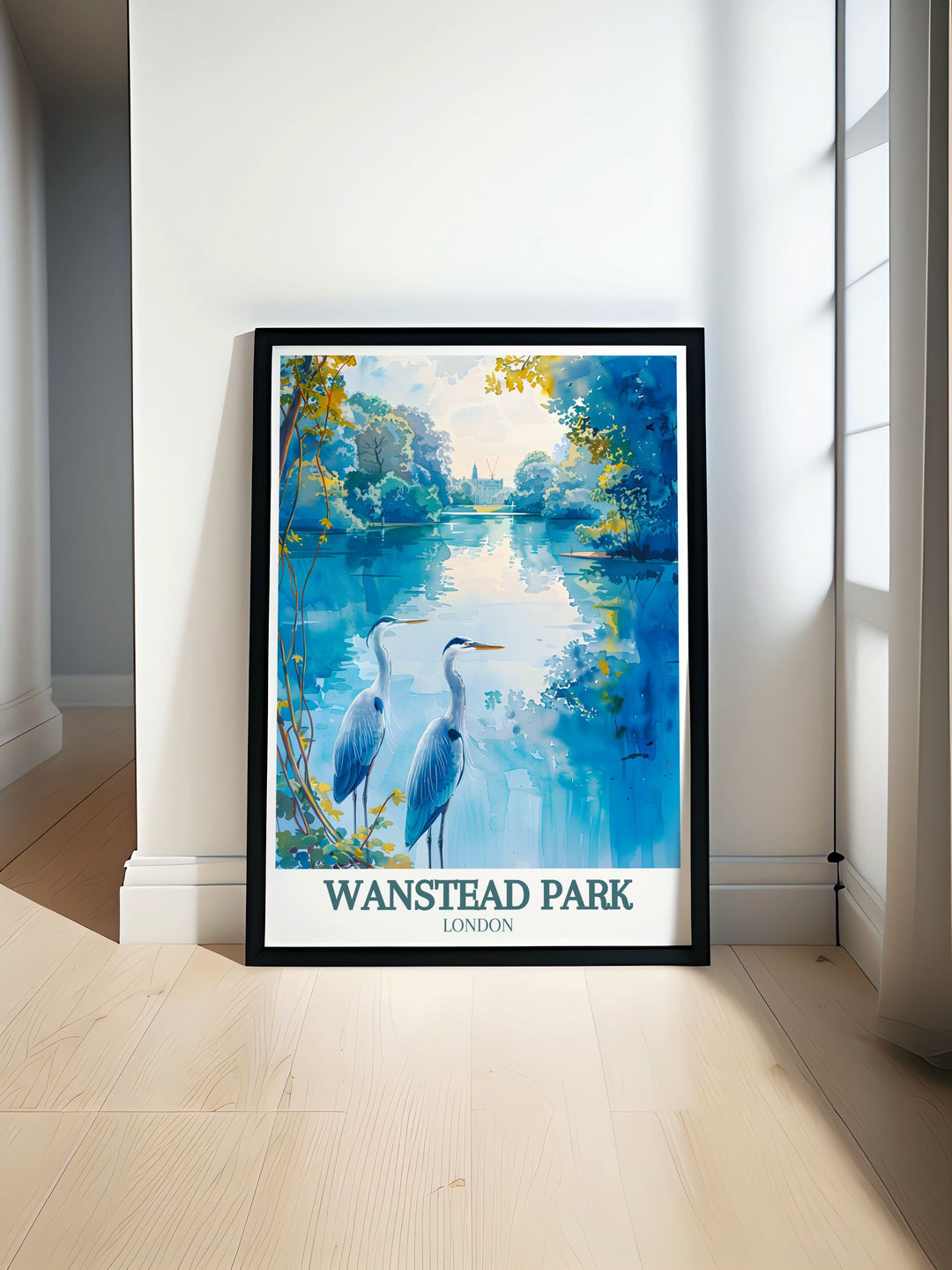 A stunning vintage travel print of Wanstead Park showcasing the lush greenery and serene landscapes of East London. Perfect for nature lovers and art enthusiasts looking to bring a piece of Londons natural beauty into their home decor collection.
