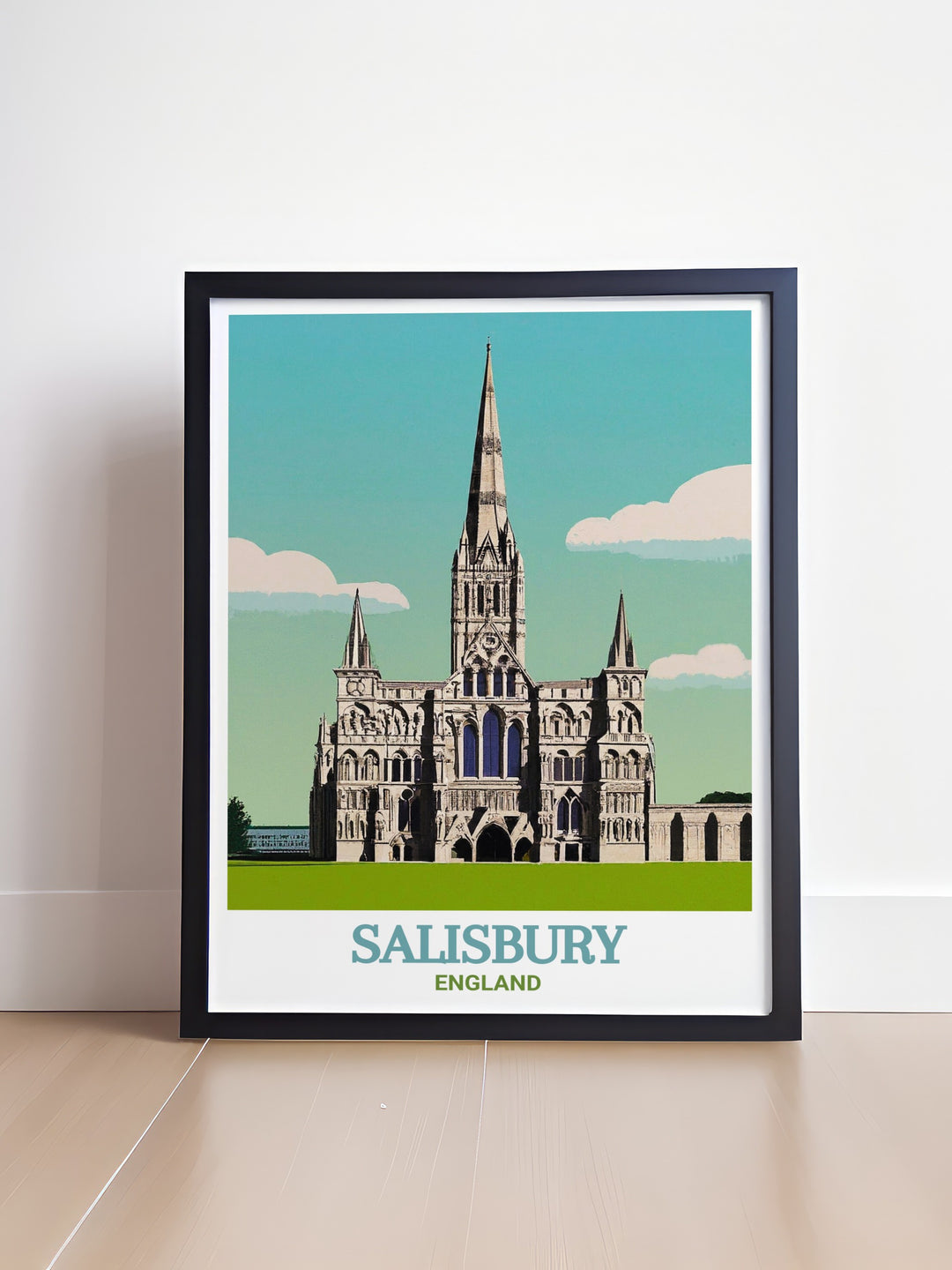 Framed art print of Salisbury Cathedral, bringing the timeless beauty of this English Gothic masterpiece into your living space. This artwork is a testament to Englands rich cultural and architectural heritage.