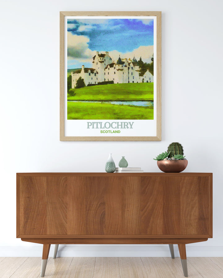 Scotland travel poster highlighting the historic Blair Castle in Pitlochry, with its striking white walls and lush green surroundings. This vintage style wall poster is perfect for anyone who appreciates the timeless beauty of Scotlands landscapes.