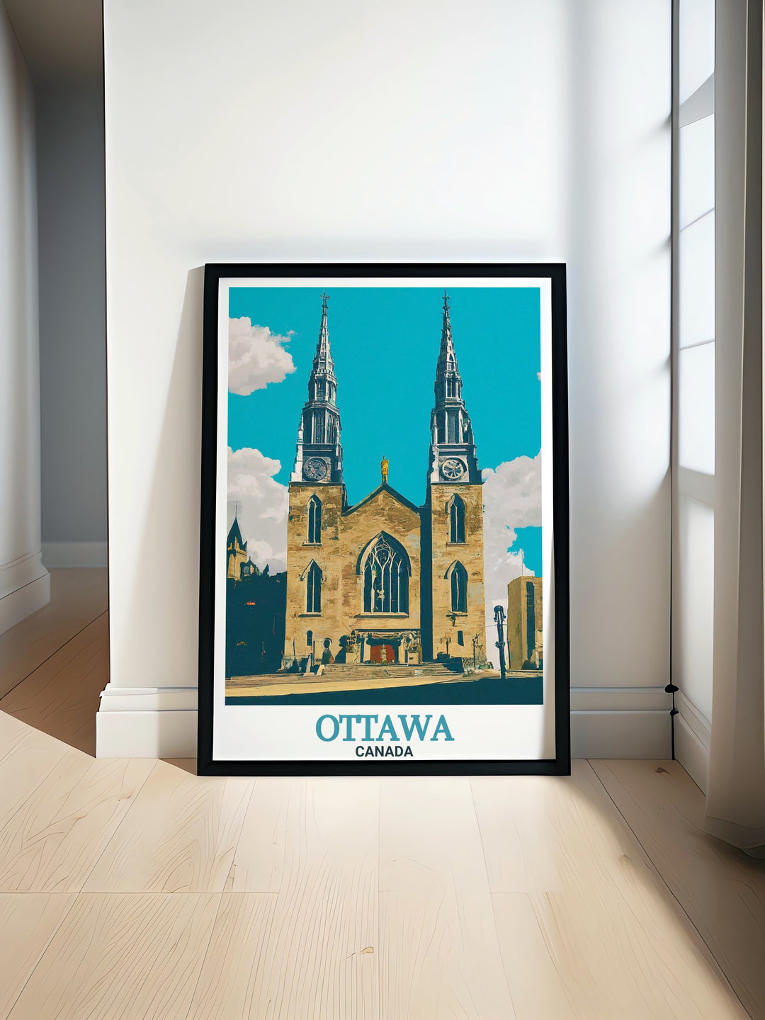 Ottawa Travel Poster Print featuring Notre Dame Cathedral Basilica. Perfect for home decor and travel enthusiasts. This artwork showcases Ottawas iconic landmark and offers a stunning visual of the cathedrals intricate design and historical significance.