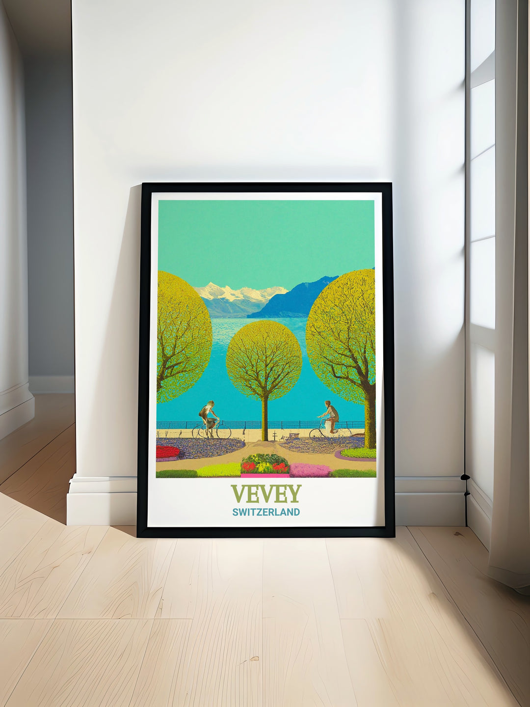 Vevey framed art showcasing the towns historic promenade and scenic views of Lake Geneva. This vintage style poster is perfect for adding a touch of Swiss charm to your home or as a thoughtful gift for travelers.