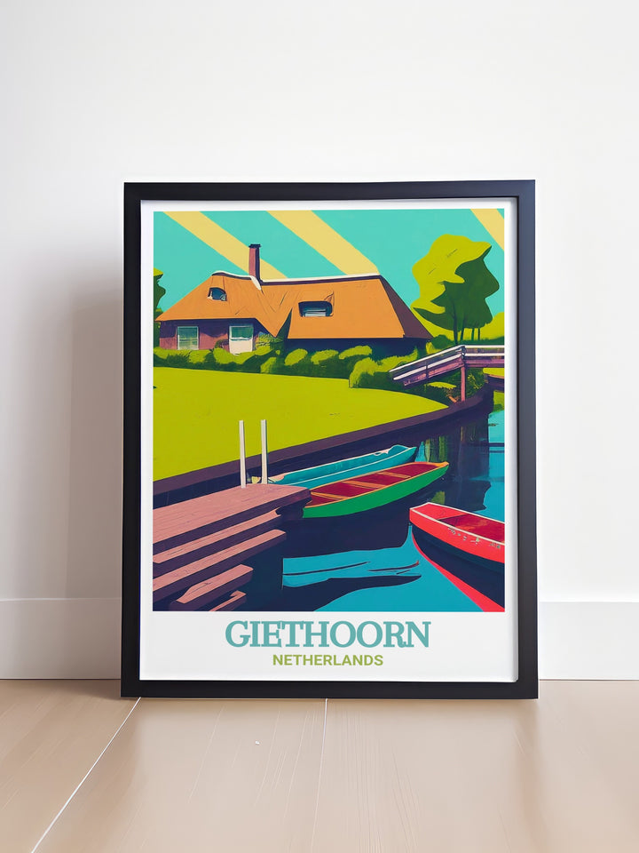 Giethoorn wall art capturing the tranquil beauty of this Dutch village, often called the Venice of the North, with its serene canals, thatched roof cottages, and charming wooden bridges. This detailed print brings the peaceful ambiance of Giethoorn into your home, making it an ideal piece for those who love nature and European landscapes.