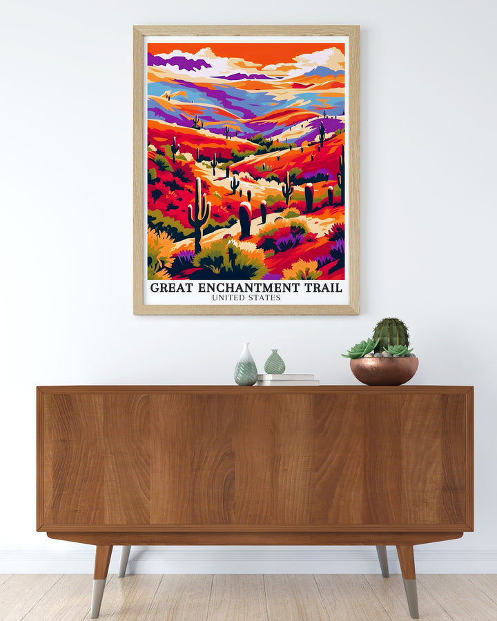 Arizona scenic art. Showcasing the rugged beauty of Arizonas landscapes, this wall art brings the natural charm of the Grand Enchantment Trail and Saguaro National Park into your living space. Perfect for enhancing any room with natural elegance.